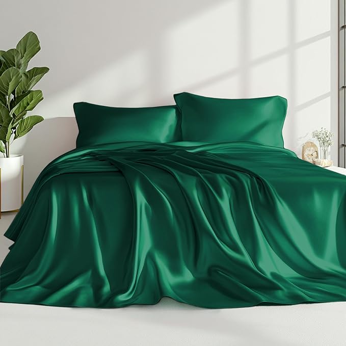Love's cabin 4Piece California King Satin Bed Linen Set, Dark Green Silky Satin Sheets, Deep Pocket, Luxury Silk Feel, 1 Flat, 1 Fitted Sheet, 2 Pillow Cases
