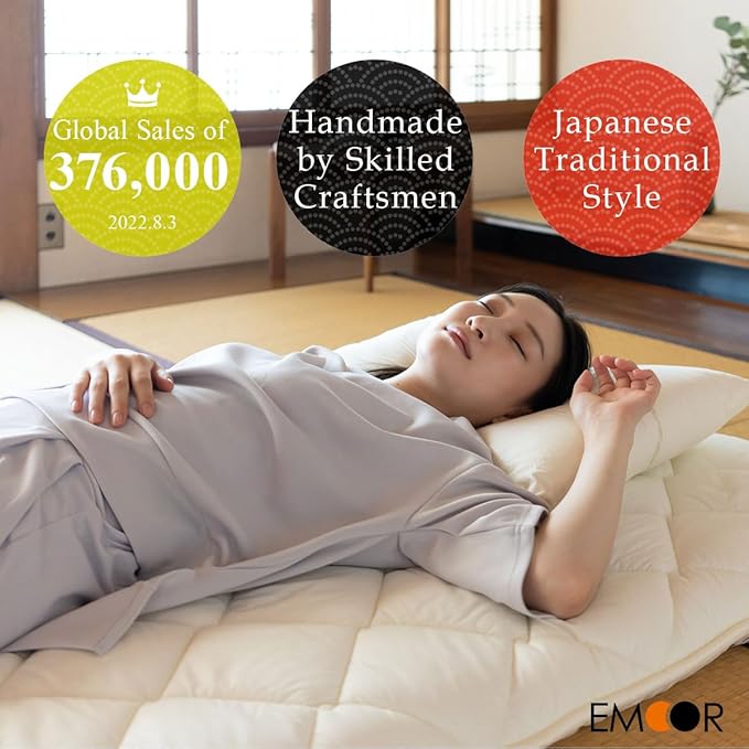 EMOOR Japanese Futon Mattress CLASSE & Fitted Sheet PRESSO Queen Made in Japan, Cotton (White) Foldable Floor Sleeping Bed Tatami Mat