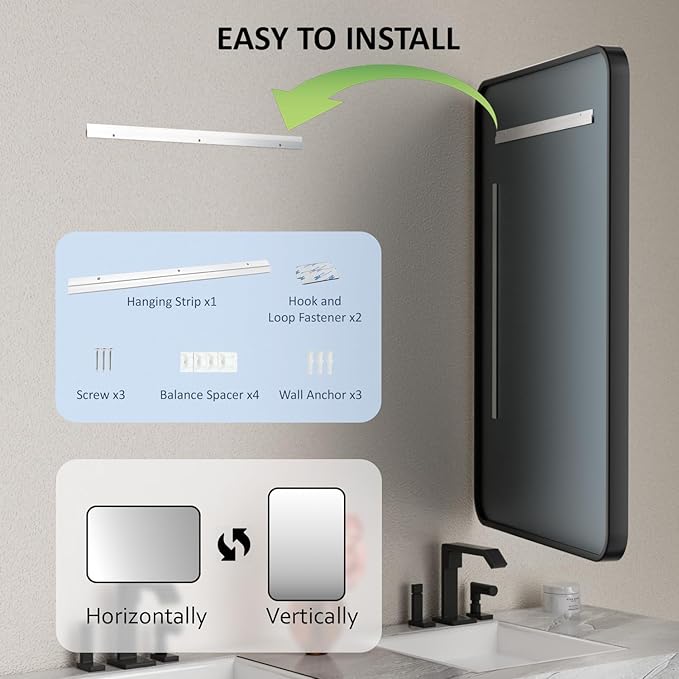 30×36 Framed Mirrors for Wall - Rectangle Black Vanity Mirror with Tempered Glass & Rounded Corners for Bathroom Sink, Bedroom, Hallway, Restroom, Rustproof Frame, Horizontal/Vertical, Modern