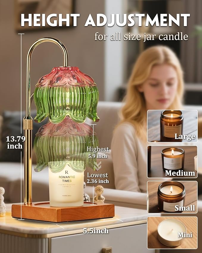 Flower Candle Warmer Lamp with Timer Dimmable, Adjustable Height Gifts for Women Mom Birthday Christmas House Warming Gifts New Home Bedroom Decor, Lotus Candle Warmer Light for Jar Candle Pink Green