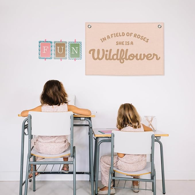 Pink Girls Kids Banner Canvas, Preppy Girly Toddler Room Decor, Inspirational She Is A Wildflower Hanging Flag Sign, Nursery Wall Tapestry Art for Baby Shower Playroom Bedroom Decor 20x30in
