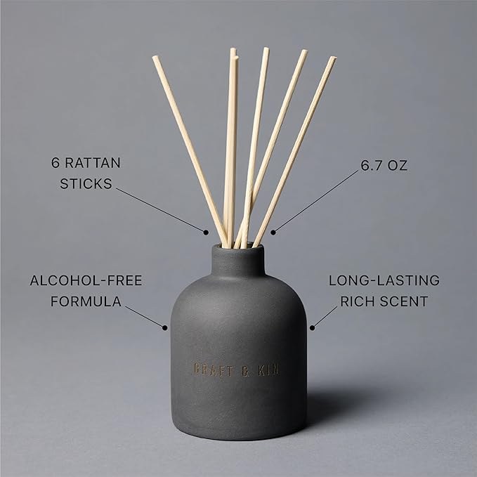 Craft & Kin Christmas Reed Diffuser for Home & Bathroom – Santal Woods Holiday Reed Diffuser Set with Fragrance Sticks, Long-Lasting Alcohol-Free Winter Scent, Earthenware Collection, 6.7oz