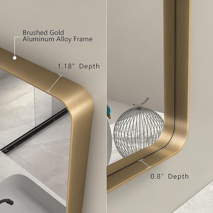 40x30 Gold Bathroom Mirror, Brushed Metal Frame Vanity Mirror, Modern Gold Rectangle Mirror, Rounded Corner, Shatterproof, Anti-Rust, Rose Gold(Horizontal/Vertical)