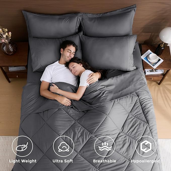 HEVUMYI Full Comforter Set - 7-Piece All Season Bed in a Bag Full, Ultra Soft Bedding Set with Comforter, Flat Sheet, Fitted Sheet, Pillowcases, Pillow Shams, Dark Grey
