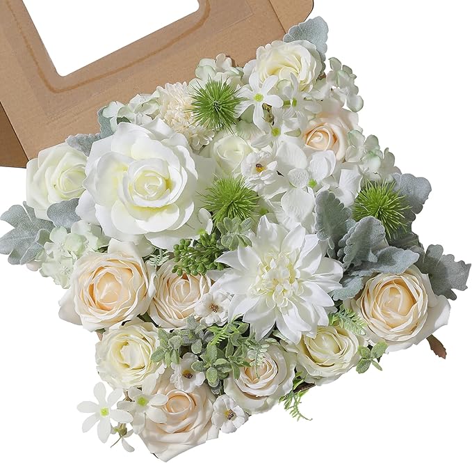 Artificial Flowers Combo Silk Mix Fake Flowers Leaf for DIY Wedding Bouquets Centerpieces Arrangements Party Baby Shower Home Decorations(Milk White)