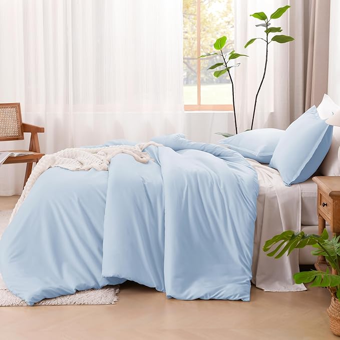 Litanika Comforters Light Blue Queen Size, 3 Pieces Lightweight Solid Bedding Comforter Set, All Season Fluffy Bed Set (90x90In Comforter & 2 Pillowcases)