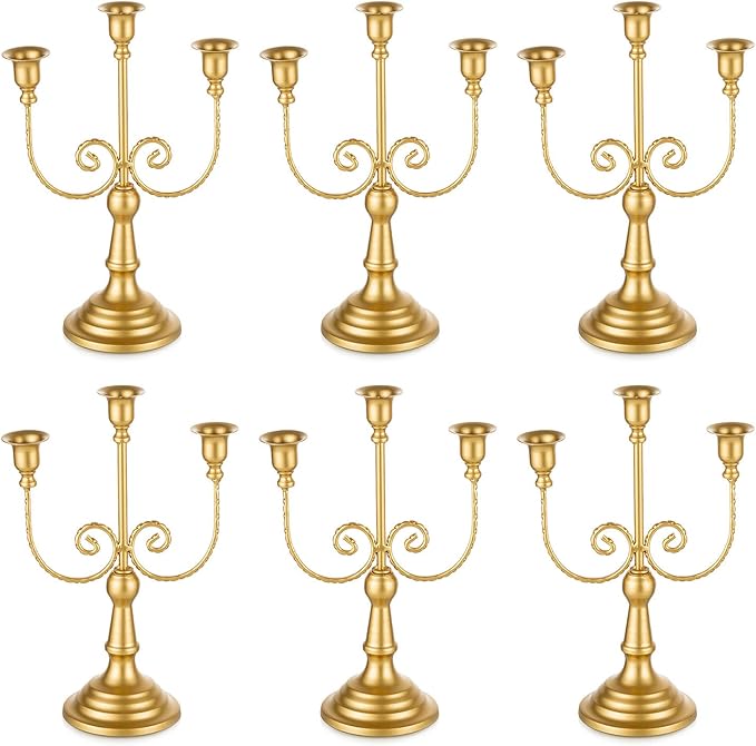 Romadedi Candelabra Gold Candle Holders - 3 Arm 11.8" Wedding Candlestick Holder for Theme Party Table Centerpiece Decor Dining Room Birthday Holiday Christmas, Set of 6