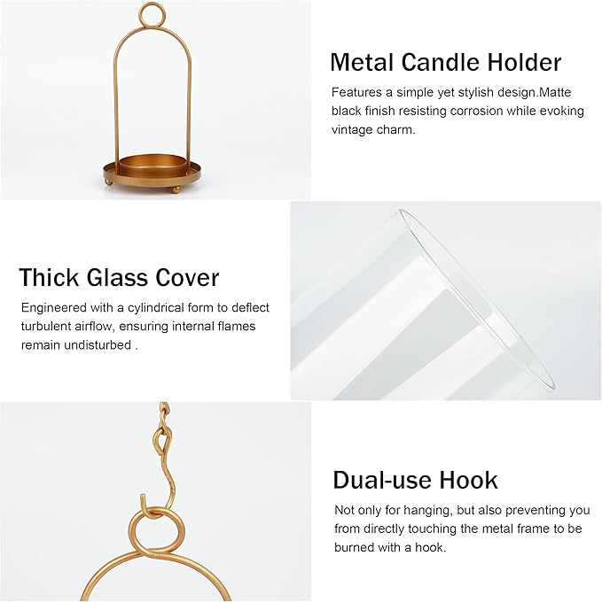 Glass Hurricane Candle Holder Decorative Gold Candle Lantern, Pillar Candlestick Holders Set of 2, Hanging Metal Holder Modern Table Centerpieces, Antique Brass