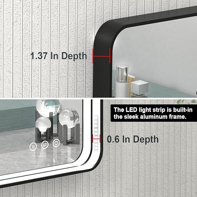 40x28 Inch LED Bathroom Mirror with Lights, Black Metal Framed LED Mirror for Bathroom, 3 Colors and Stepless Dimmable Wall Mounted Lighted Bathroom Vanity Mirror, Anti-Fog, Memory