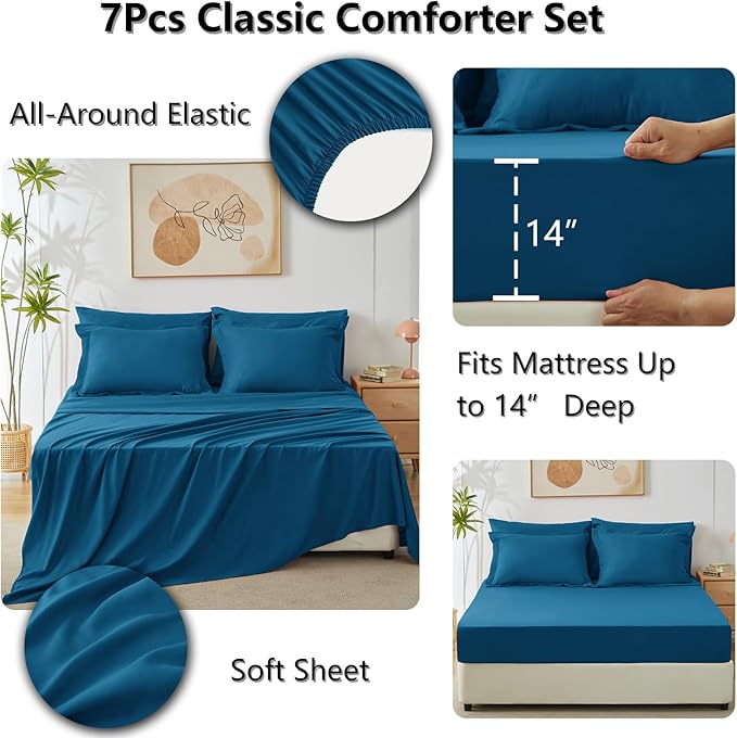 CozyLux King Size Comforter Set Teal - 7 Pieces Bed in a Bag King, Luxury Soft Bed Set for All Seasons, Bedding Set with Down Alternative Comforter, Sheets, Pillowcases & Shams