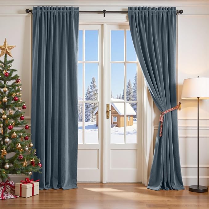 Lazzzy Velvet Blackout Curtains Thermal Insulated Room Window Drapes Super Soft Luxury Curtains for Living Room Bedroom Rod Pocket 2 Panels, Dark Slate, 62" W x 90" L
