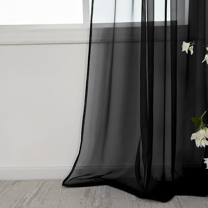 HUTO Black Sheer Curtains 45 Inch Length for Small Window Rod Pocket Sheer Drapes Panels for Kitchen Bathroom,2 Panels 52 by 45 Inches Long