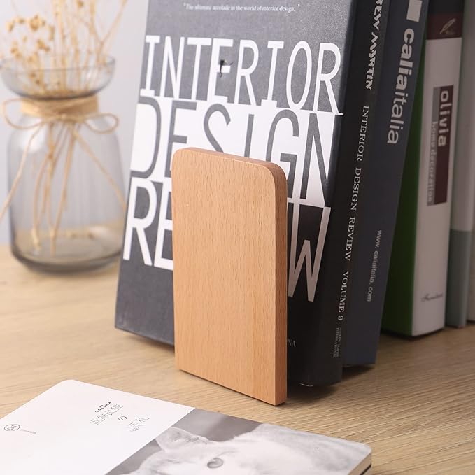 Muso Wood Book Ends for Shelves, Non-Slip Bookends, Heavy Duty Wooden Bookend Support for Books and Movies (Beech 2 Pairs)