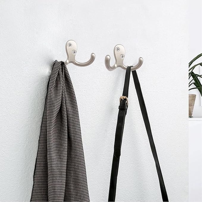 10pcs Coat Hooks Hardware, Wall Hooks Heavy Duty Hooks for Hanging Coats Double No Rust Hook Wall Mounted for Key, Towel, Bags, Cup, Hat (Silvery)