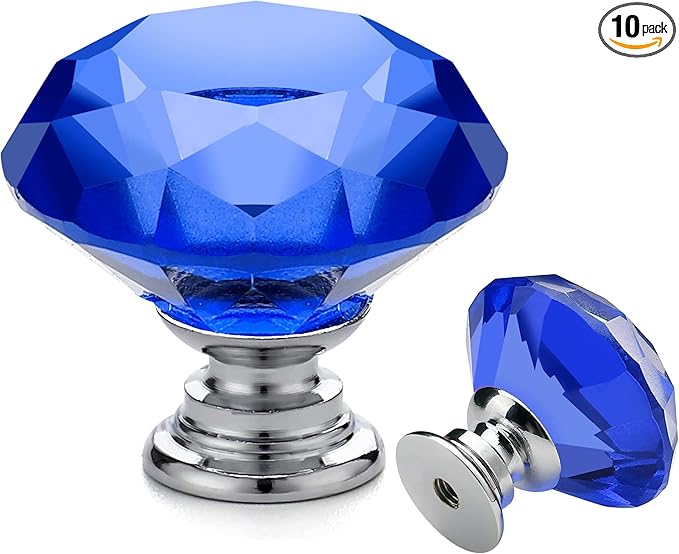 Ravinte 10 Pack Blue Crystal Glass Cabinet Knobs - 30 mm Diamond Shaped Drawer Pulls With Silver Base for Dresser