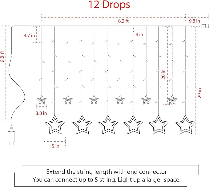 Star Curtain Lights for Bedroom - Plug-in 9ft 138 LED Fairy Twinkle Lights with 12 Star Drops, Connectable Window Lights with Remote 8 Lighting Modes for Indoor Xmas Ramadan Decoration, Multicolored