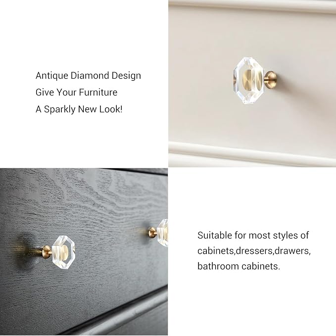 6-Pack Brass Base Crystal Drawer Knobs,Glass Crystal Gold Cabinet Knobs,1-5/16-Inch Hexagon,Kitchen Hardware Pulls, Modern Bathroom Hardware knob
