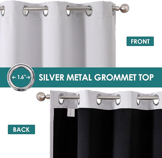 ChrisDowa 100% Blackout Curtains for Bedroom with Black Liner, 2 Thick Layers Total Blackout Thermal Insulated Grommet Small Window Curtains 2 Panels Set (Greyish White, 42 x 45 Inch)