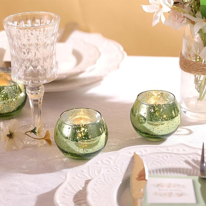 LAMORGIFT 12 PCS Green Votive Candle Holders- Mercury Glass Candle Holders for Sage Green Wedding Decor, Green Tea Light Candle Holders for Vintage Wedding, Engagement, Rehearsal Dinner Table Decor