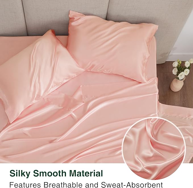 Love's cabin Satin Queen Sheets Set - 4 Piece Coral Silky Bed Sheets with Deep Pocket, Luxury Silk Feel Satin Queen Size Sheet Set (1 Flat Sheet,1 Fitted Sheet,2 Pillow Cases)