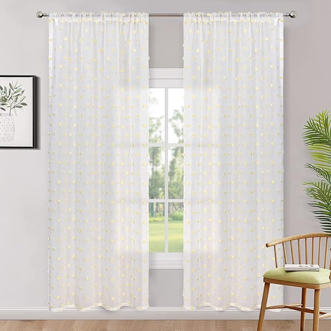 MYSKY HOME Curtains for Bedroom Yellow Pom Pom Curtains for Living Room 72 Inch Length Long Doorway White Sheer Curtains for Nursery Teens Kids Room Set of 2 Rod Pocket Farmhouse 52 x 72 in