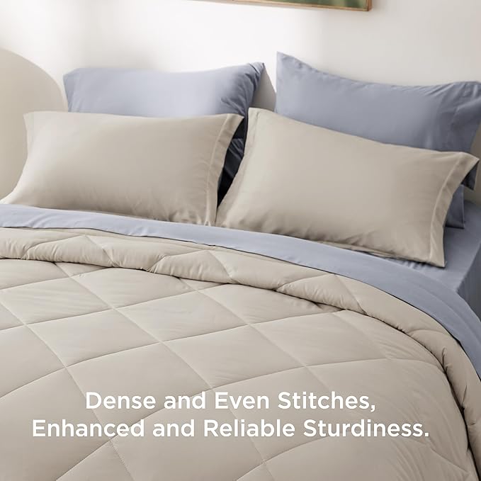Bedsure Queen Comforter Set - 7 Pieces Reversible Beige Bedding, Queen Size Bed Set for All Seasons, Bed in a Bag with Down Alternative Comforter, Sheets, Pillowcases & Shams