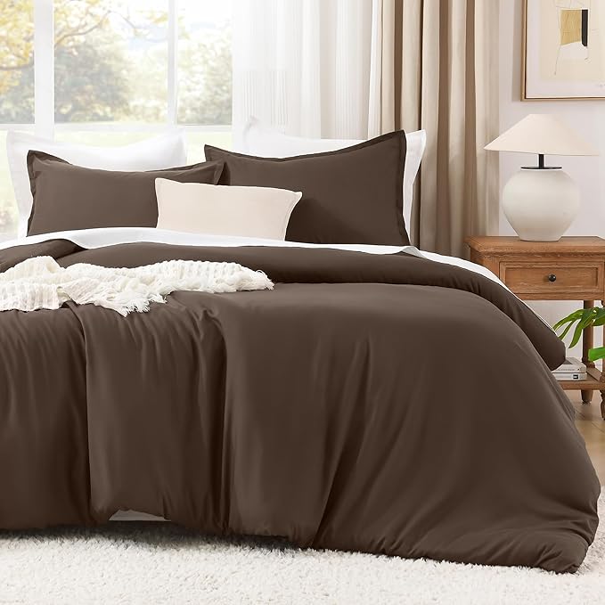Litanika Comforters Queen Size Chocolate, 3 Pieces Lightweight Solid Bedding Set & Collections, All Season Fluffy Bed Set (90x90 Inches Comforter & 2 Pillowcases)