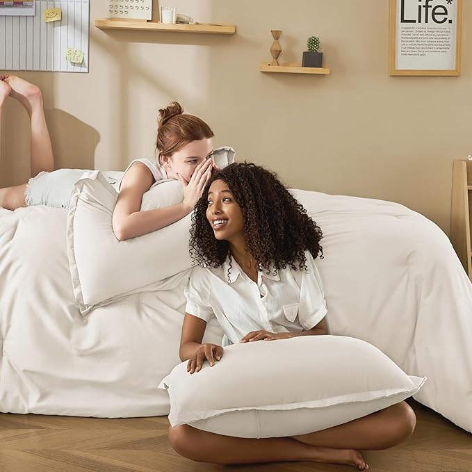 Litanika Twin/Twin XL Comforter Set Beige, 2 Pieces Lightweight Solid Bedding Comforter Set, All Season Fluffy Bed Set (66x90In Comforter & 1 Pillowcase)