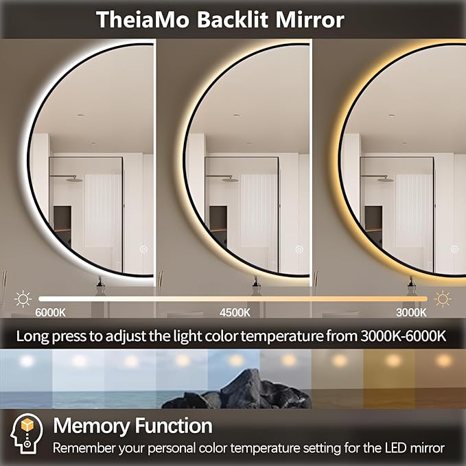 30" Round LED Bathroom Mirror, Wall Mounted Backlit Vanity Mirror with 45° Beveled Frame Lighted Mirror for Bedroom, Fog Free 3-Color Dimmable Lights Memory Function, Black