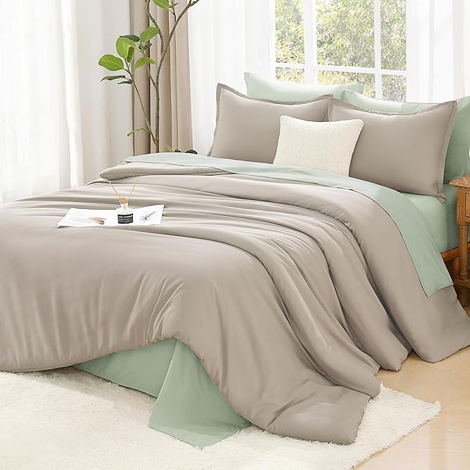 Litanika Comforters Oatmeal Oversized Queen Size, 3 Pieces Lightweight Solid Bedding Comforter Set, All Season Fluffy Bed Set (98x98In Comforter & 2 Pillowcases)