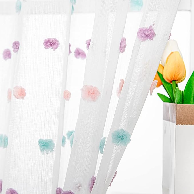 MYSKY HOME Rainbow Pom Pom Curtains for Living Room Light Filtering 90 Inch Long Bedroom Curtains for Nursery Girls Kids Room Rod Pocket Bohemian Voile Window Drapes 52 x 90 inch 2 Panels
