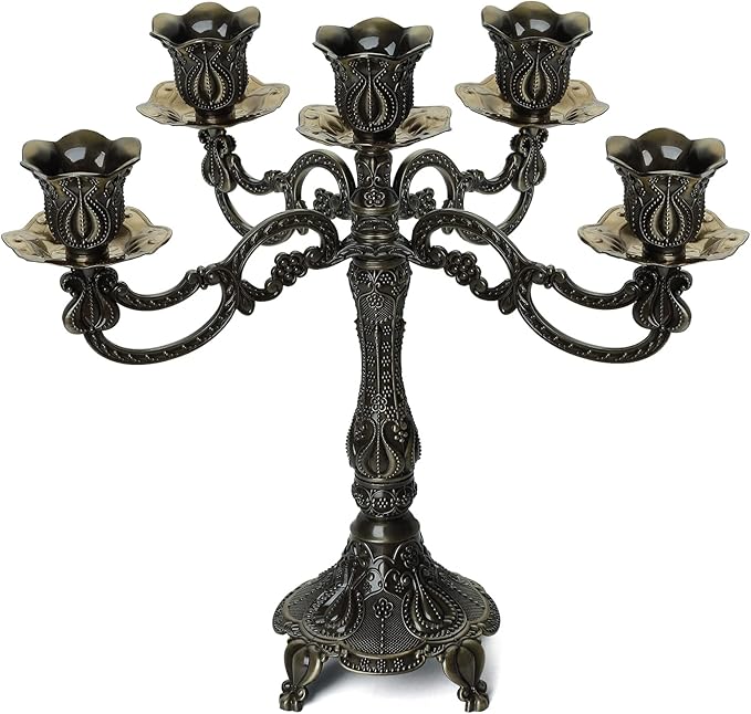 5-Candle Metal Candelabra 10.3 Inch Tall Candlestick Candle Holders for Home Decor Wedding Christmas Church Halloween Party,Bronze Tulip