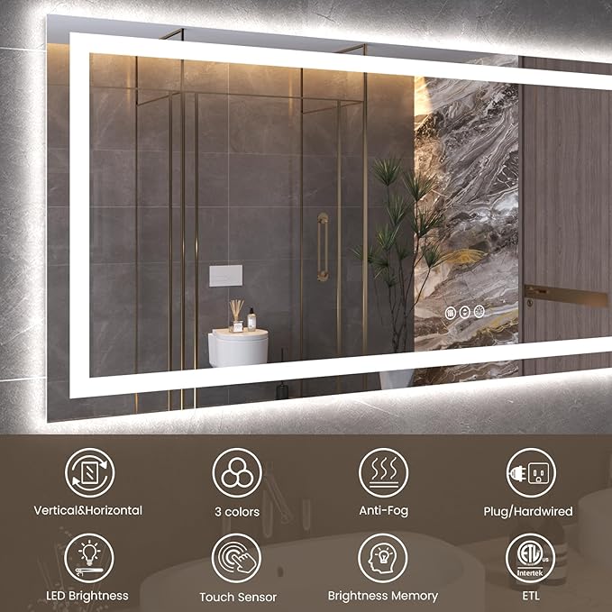 60"X40" LED Bathroom Mirror with Front Lights and Backlit, Anti-Fog, Dimmable, Shatter-Proof Tempered Glass, Lighted Bathroom Vanity Mirror for Wall with 3 Colors, Memory Function