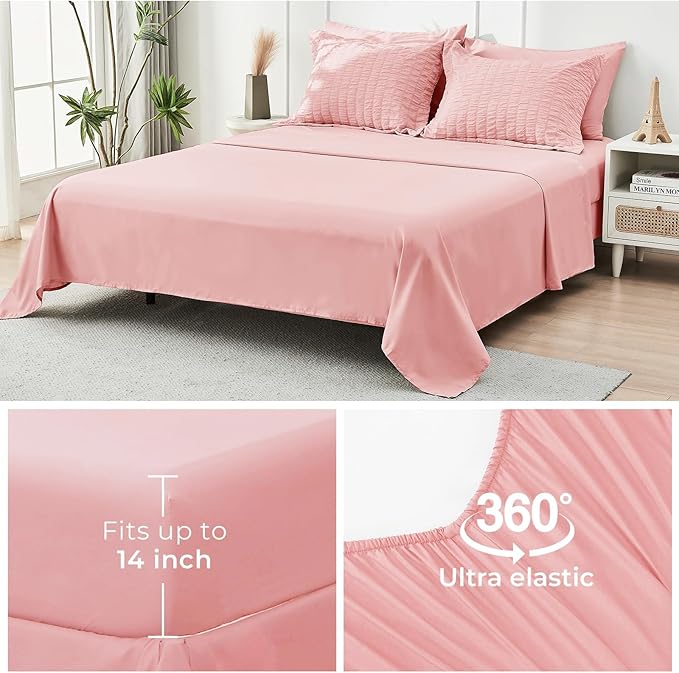 HYMOKEGE Rose Pink Twin XL Comforter Set Seersucker 5 Pieces, All Season Luxury Bed in a Bag for Bedroom, Bedding Set with Comforter, Sheets, Pillowcase & Sham