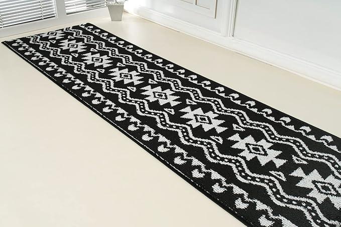 Custom Length Cut to Size Tribal Ethnic Southwestern Inspired Hallway Runner Rug, Non Slip Rubber Backed, 31 inch Wide X Customized Length, Aztec Black, 31 inch X 10 feet