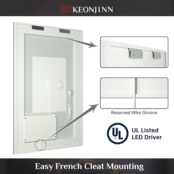 Keonjinn Lighted Bathroom Mirror, 40 x 32 Inch Bathroom LED Mirror with Lights, Frontlit Only, HD Tempered Glass, UL-Listed LED Driver, Anti-Fog, 6000K Dimmale, Easy Installation(Horizontal/Vertical)