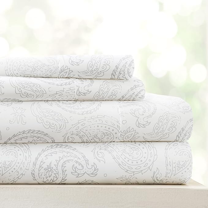 Linen Market Double-Brushed Patterned Microfiber Queen Sheet Set 4 Piece – Oeko-TEX Certified Ultra Soft & Wrinkle-Free - 16" Deep Pocket Sheets - Easy Care Queen Size - Coarse Paisley Light Gray