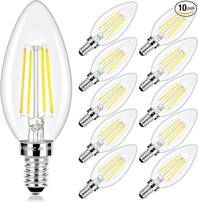 LED Candle Bulbs 40W Equivalent, E12 Candelabra Light Bulbs 4W 470Lm Clear Edison LED Bulb, Daylight White 5000K B11 Classic Bright Filament Bulbs, Dimmable Decorative Bulb for Lamps, Pack of 10