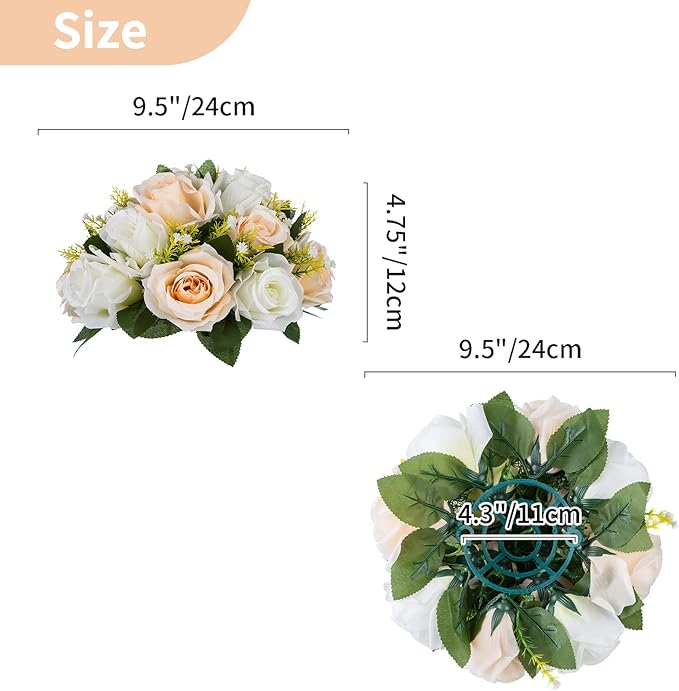 NUPTIO 6 Pieces Champagne White Fake Flower Ball Arrangement Bouquet 15 Heads Plastic Roses with Base, Suitable for Wedding Centerpiece Flower Rack for Parties Home Décor