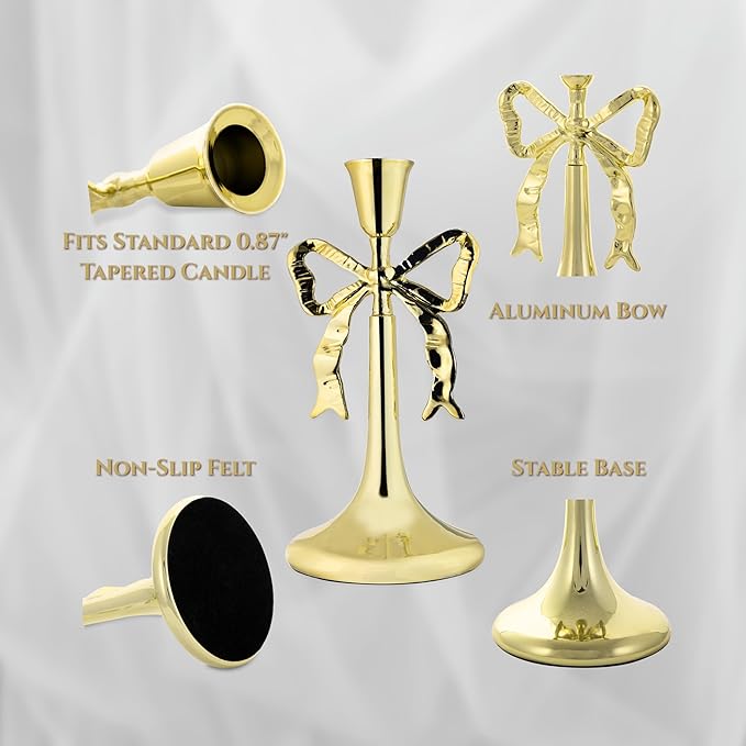 Iris Bow Candle Holders Set of 3, Gold Taper Candlestick Holders, Vintage Decor Perfect for Home Décor Accents, Centerpiece Dining Table Wedding Decor Fireplace Mantel or Housewarming Gift
