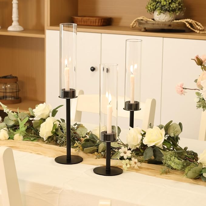 Hurricane Candle Holders Set of 6 Metal Candlestick Holder for Glass Taper Tall Candle Holders with Crystal Chimney Tube Candles Stands for Home Decor, Christmas, Dinning (6, Black)