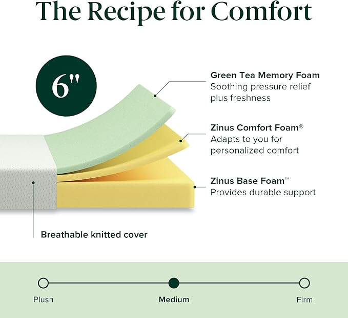 ZINUS 6 Inch Twin Green Tea Memory Foam Mattress [New Version], Fiberglass free, Medium Firm Feel, Zoned Pressure Relief, Certified Safe Foams & Fabric, Mattress in A Box