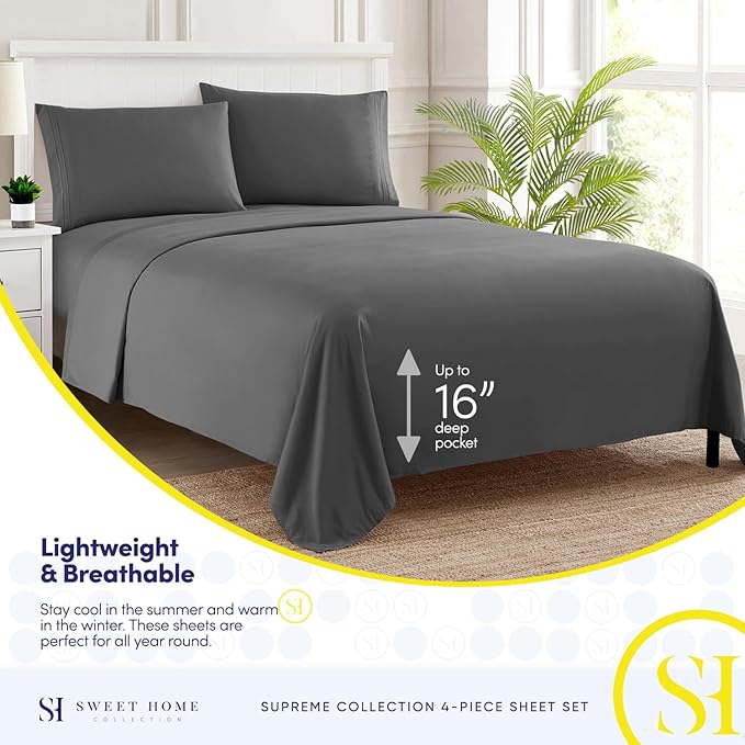 Twin XL Sheets - Breathable Luxury Sheets with Full Elastic & Secure Corner Straps Built In - 1800 Supreme Collection Extra Soft Deep Pocket Bedding Set, Sheet Set, Twin XL, Gray