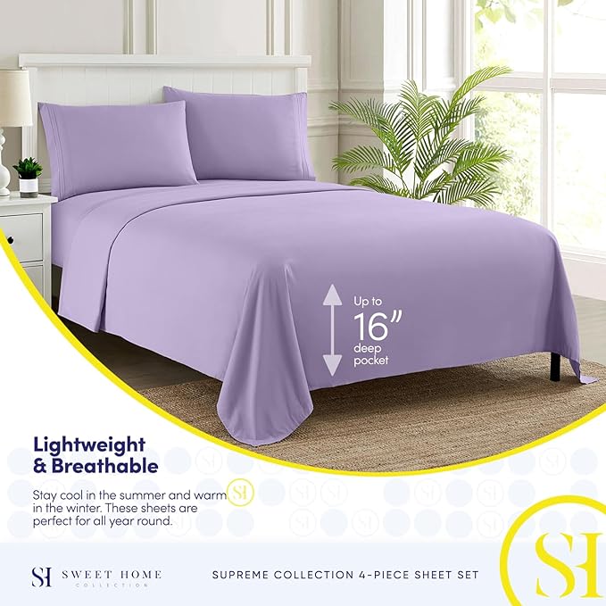 King Size Sheets - Breathable Luxury Bed Sheets with Full Elastic & Secure Corner Straps Built In - 1800 Supreme Collection Extra Soft Deep Pocket Bedding Set, Sheet Set, King, Lavender