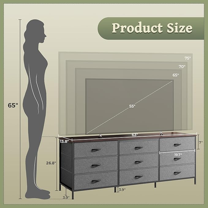 Huuger 63 Inch Dresser for Bedroom, Dresser for Closet with 9 Drawers, Large TV Stand for 55, 65, 70 Inch TV, Entertainment Center with Storage, Wide Long Chest of Drawers, Walnut and Dark Grey