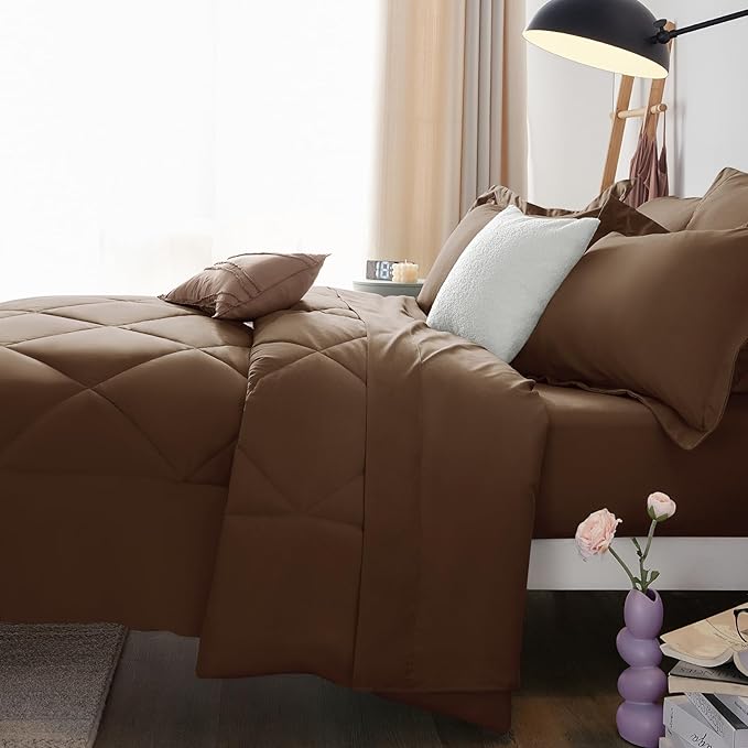 CozyLux Queen Comforter Set Brown - Bed in a Bag Queen Size 7 Pieces, Luxury Soft Bed Set for All Seasons, Bedding Set with Down Alternative Comforter, Sheets, Pillowcases & Shams