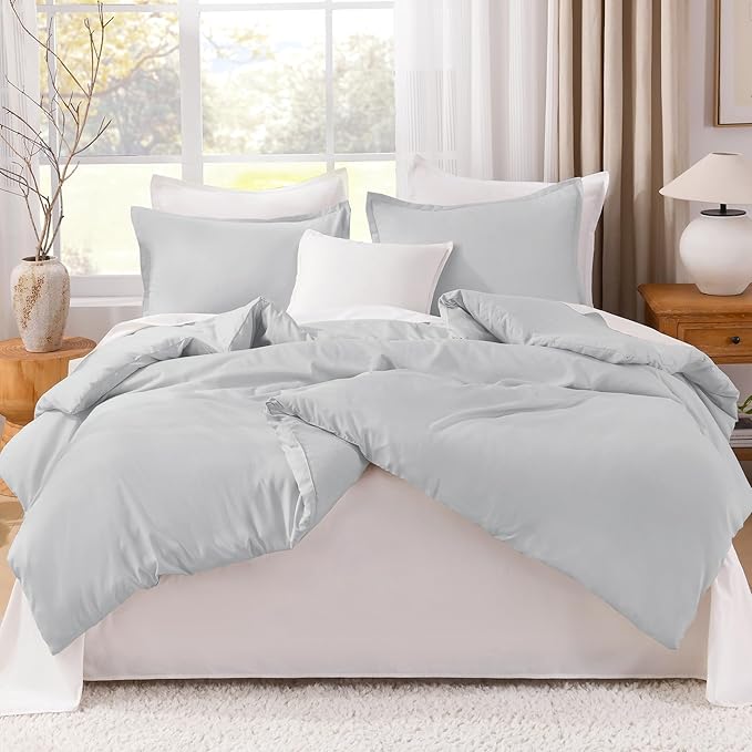 Litanika Light Grey Comforter California King Size, 3 Pieces Cal King Lightweight Solid Bedding Comforter Set, All Season Fluffy Bed Set (104x96In Comforter & 2 Pillowcases)