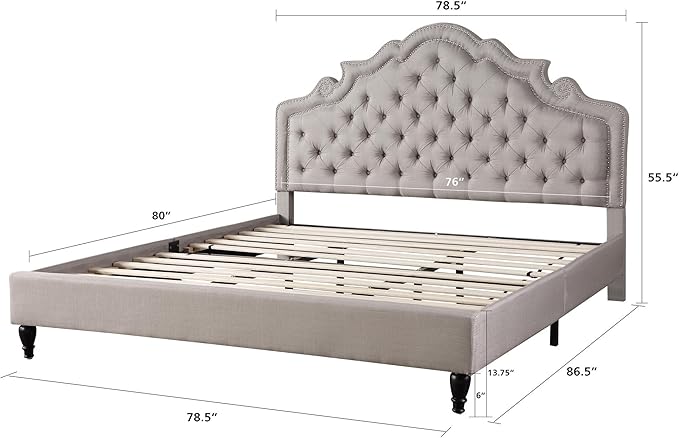 HomeLife Premiere Classics 51" Tall Platform Bed with Cloth Headboard and Slats - Full (Light Grey Silver)