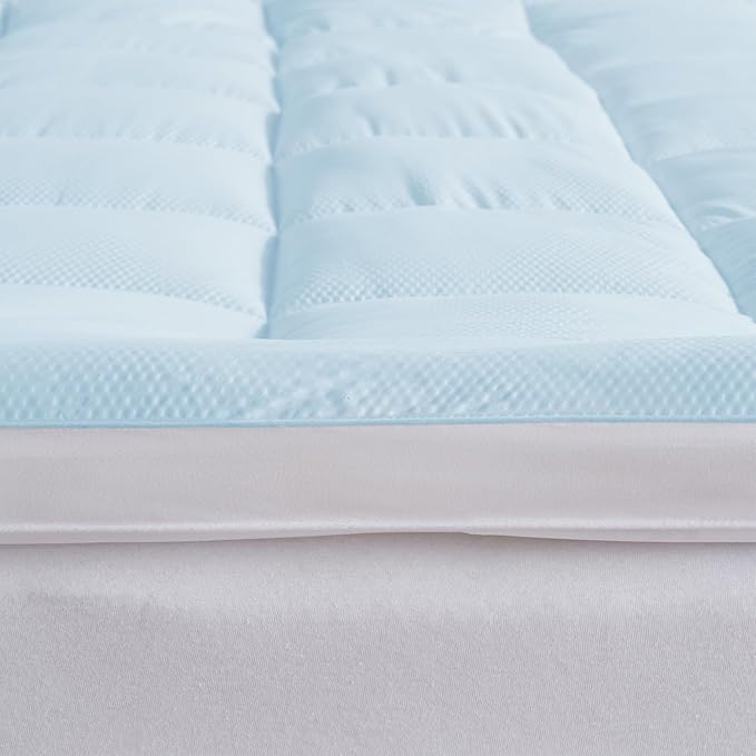 Great Bay Home Full Cooling Mattress Topper. Thick, Elastic Corner Mattress Pad. Ultra-Soft Cooling Pillowtop Mattress Cover & Protector. Fits Mattresses up to 18” (Full, Light Blue)