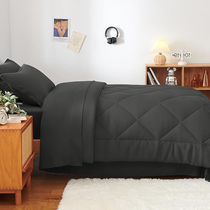 CozyLux Twin XL Comforter Set Dark Grey - 5 Pieces Twin Extra Long Bed in a Bag for College Dorm, All Season Bedding Set for Girls and Boys, Soft Bed Set with Comforter, Sheets, Pillowcase & Sham